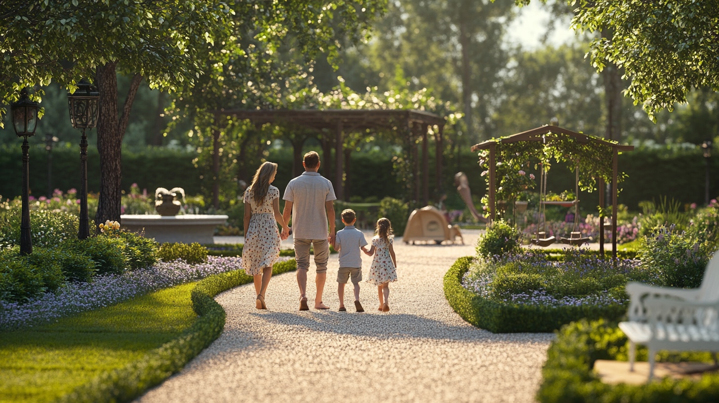 Famille heureuse dans une allée de jardin Famille heureuse dans une allée de jardin